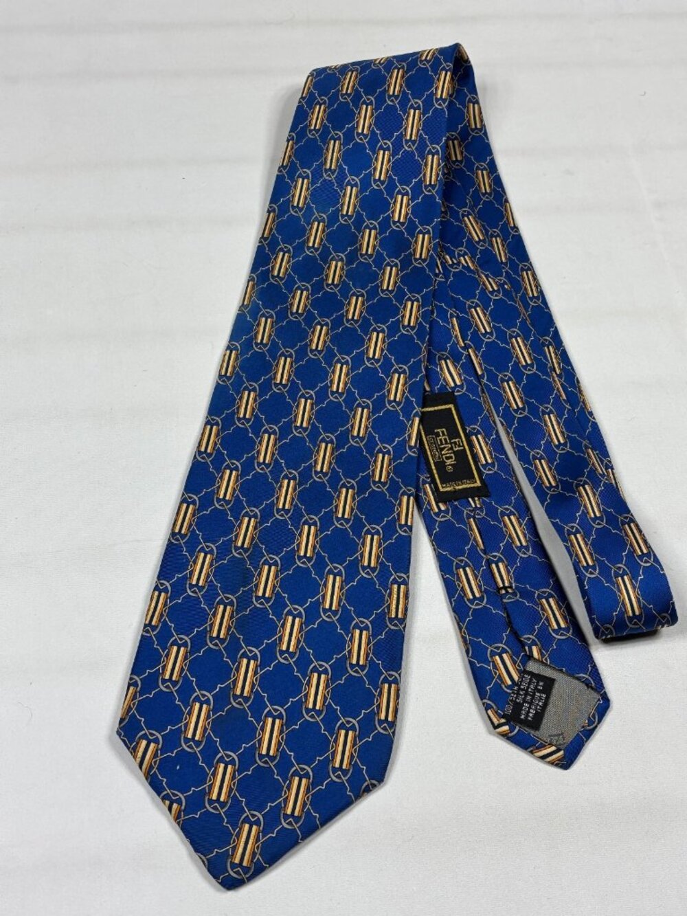 VTG Fendi Silk Tie Blue Gold Nautical Chain Link Stripe Made in Italy Luxury
